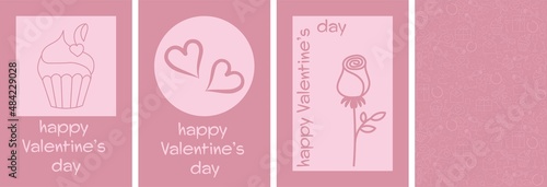 set of four pink valentines, love symbols on a delicate background, a glass of champagne, hearts, minimalism, flat vector graphics, sketch, place for text, valentines day greeting card, vector