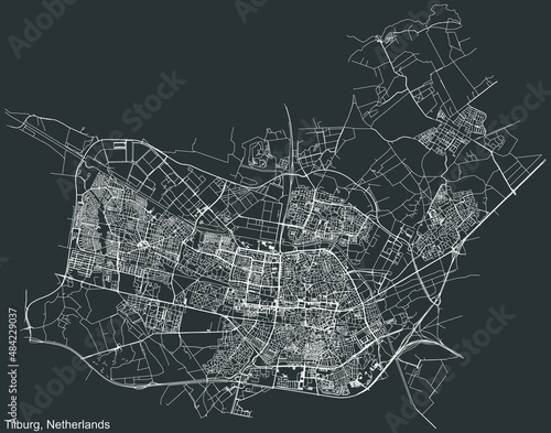 Detailed negative navigation white lines urban street roads map of the Dutch regional capital city of TILBURG, NETHERLANDS on dark gray background