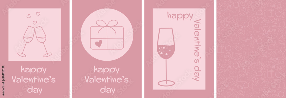 set of four pink valentines, love symbols on a delicate background, a glass of champagne, hearts, minimalism, flat vector graphics, sketch, place for text, valentines day greeting card, vector