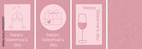 set of four pink valentines, love symbols on a delicate background, a glass of champagne, hearts, minimalism, flat vector graphics, sketch, place for text, valentines day greeting card, vector