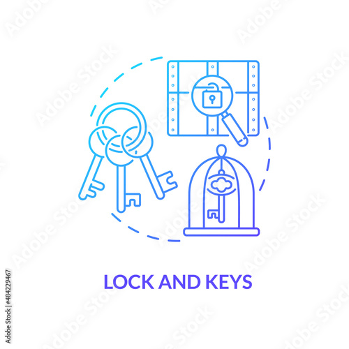 Lock and keys blue gradient concept icon. Escape room attribute abstract idea thin line illustration. Interactive adventure game equipment. Isolated outline drawing. Myriad Pro-Bold font used