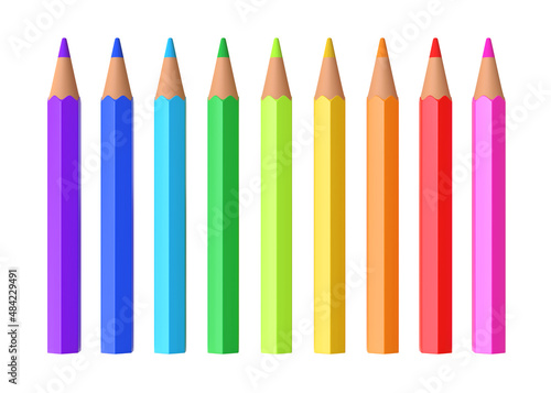Set of realistic multicolor pencils or crayons isolated on white background. 3d render illustration