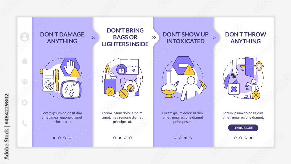 Escape room regulations purple and white onboarding template. Property damage. Responsive mobile website with linear concept icons. Web page walkthrough 4 step screens. Lato-Bold, Regular fonts used