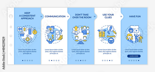 Escape room winning approaches blue and white onboarding template. Use clues. Responsive mobile website with linear concept icons. Web page walkthrough 5 step screens. Lato-Bold, Regular fonts used