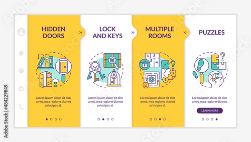 Escape room aspects yellow onboarding template. Ancient keys and puzzles. Responsive mobile website with linear concept icons. Web page walkthrough 4 step screens. Lato-Bold, Regular fonts used