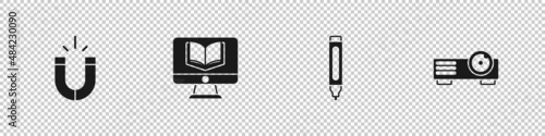 Set Magnet, Online class, Marker pen and Movie, film, media projector icon. Vector