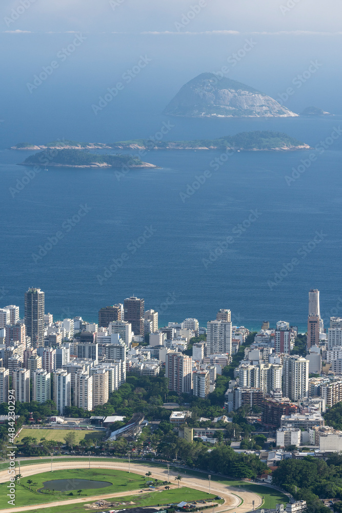 Beautiful view to city buildings and islands seen from Tijuca Park