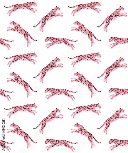 Vector seamless pattern of flat pink leopard isolated on white background