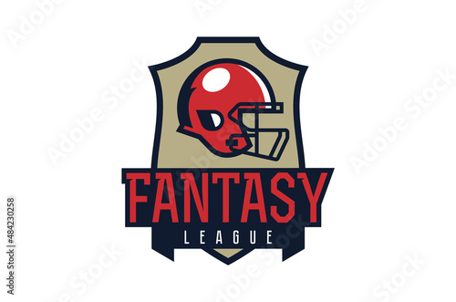 American football fantasy league logo. American football helmet emblem. Fantasy league badge, shield. Vector illustration isolated on white background