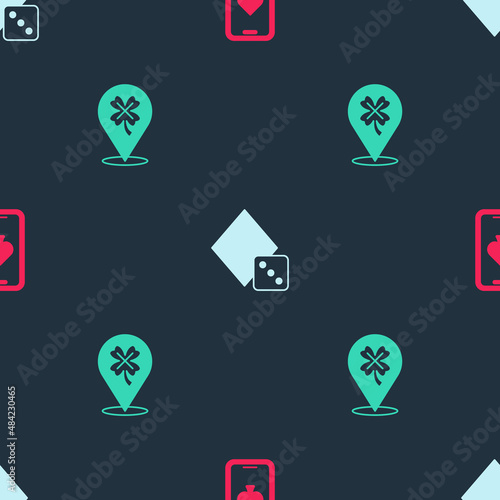 Set Online poker table game, Game dice and Casino slot machine with clover on seamless pattern. Vector