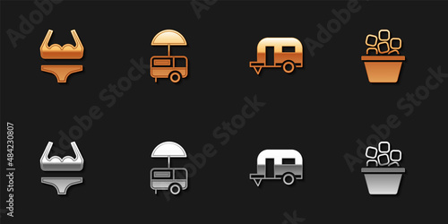 Set Swimsuit, Fast street food cart, Rv Camping trailer and Ice bucket icon. Vector
