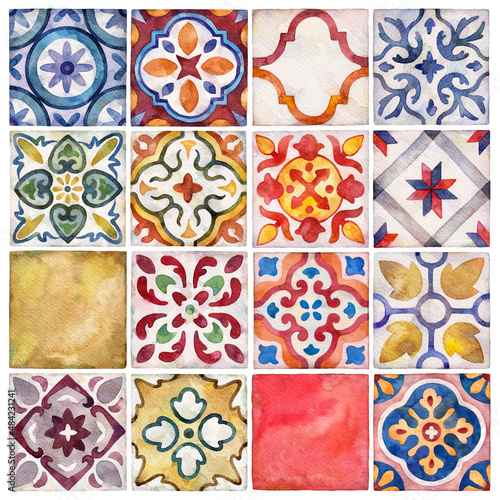 Watercolor ceramic tiles collection. Square vintage hand-drawn ornament.