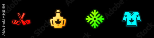 Set Ice hockey sticks, Bottle of maple syrup, Snowflake and Hockey jersey icon. Vector
