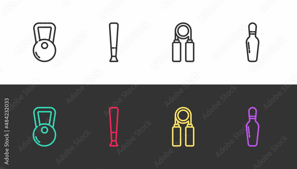 Set line Kettlebell, Baseball bat, Sport expander and Bowling pin on black and white. Vector Set line Kettlebell, Baseball bat, Sport expander and Bowling pin on black and white. Vector
