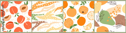 A set of seamless patterns of citrus fruits and simple abstract shapes. Print with peaches and oranges. Vector graphics.