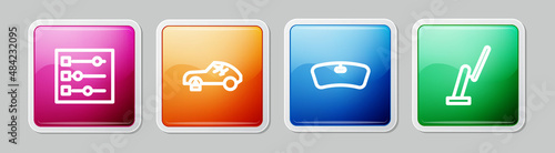 Set line Car settings, Broken car, Windshield and Windscreen wiper. Colorful square button. Vector