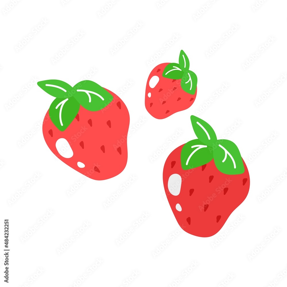 Cute strawberry summer fruit isolated on white background. Vector graphic illustration. Vegetarian cafe print, poster, card, logo. Natural, organic dessert sweet, fresh berry, eco breakfast. Cute strawberry summer fruit isolated on white background. Vector graphic illustration. Vegetarian cafe print, poster, card, logo. Natural, organic dessert sweet, fresh berry, eco breakfast.
