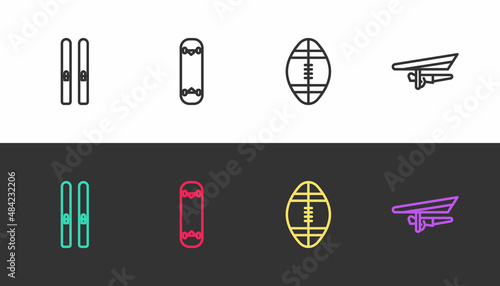 Set line Ski and sticks, Skateboard trick, Rugby ball and Hang glider on black and white. Vector