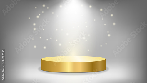 Round gold podium illuminated by a spotlight on a gray background. Vector pedestal.