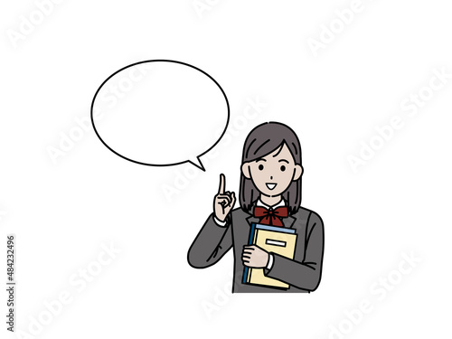 上に指をさす生徒　学生　女の子　中高生　高校生　中学　吹き出し　教える　話す　説明