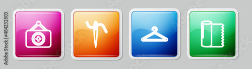 Set line Tailor shop, Needle for sewing with thread, Hanger wardrobe and Textile fabric roll. Colorful square button. Vector