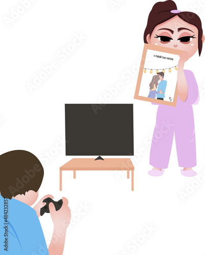 the girl is angry with a boyfriend who is playing game