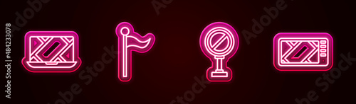 Set line City map navigation, Location marker, Stop sign and Gps device with. Glowing neon icon. Vector