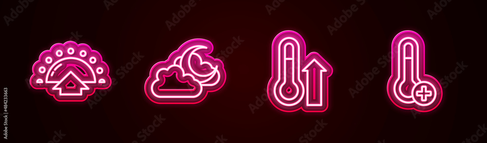 Set line Sunrise, Cloud with moon, Meteorology thermometer and . Glowing neon icon. Vector Set line Sunrise, Cloud with moon, Meteorology thermometer and . Glowing neon icon. Vector