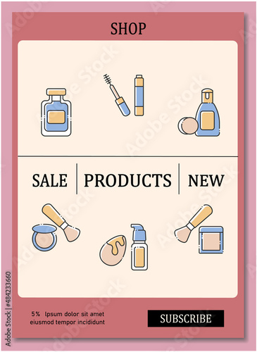 Makeup shop brochure. Online shopping template. Flyer, magazine, poster, book cover, booklet. Store webpage infographic concept. Layout illustration page with icon