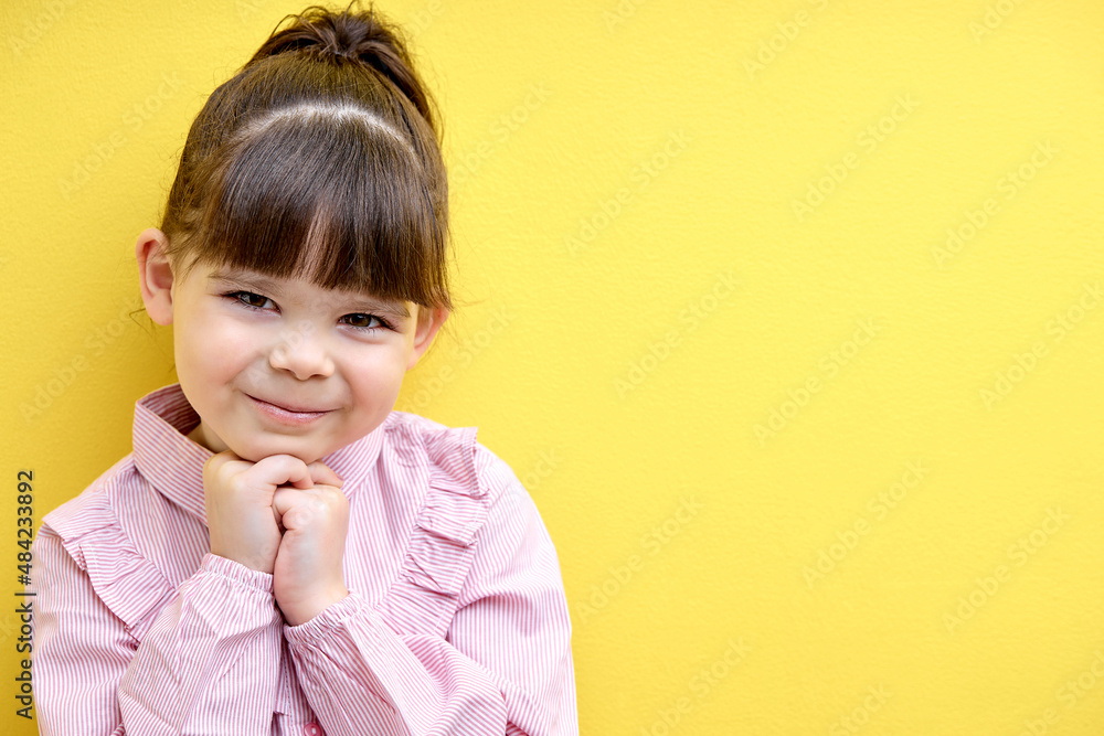 Portrait of cute child girl in pink blouse looking at camera posing, isolated on yellow studio background, sweet kid girl of caucasian appearance Portrait of cute child girl in pink blouse looking at camera posing, isolated on yellow studio background, sweet kid girl of caucasian appearance