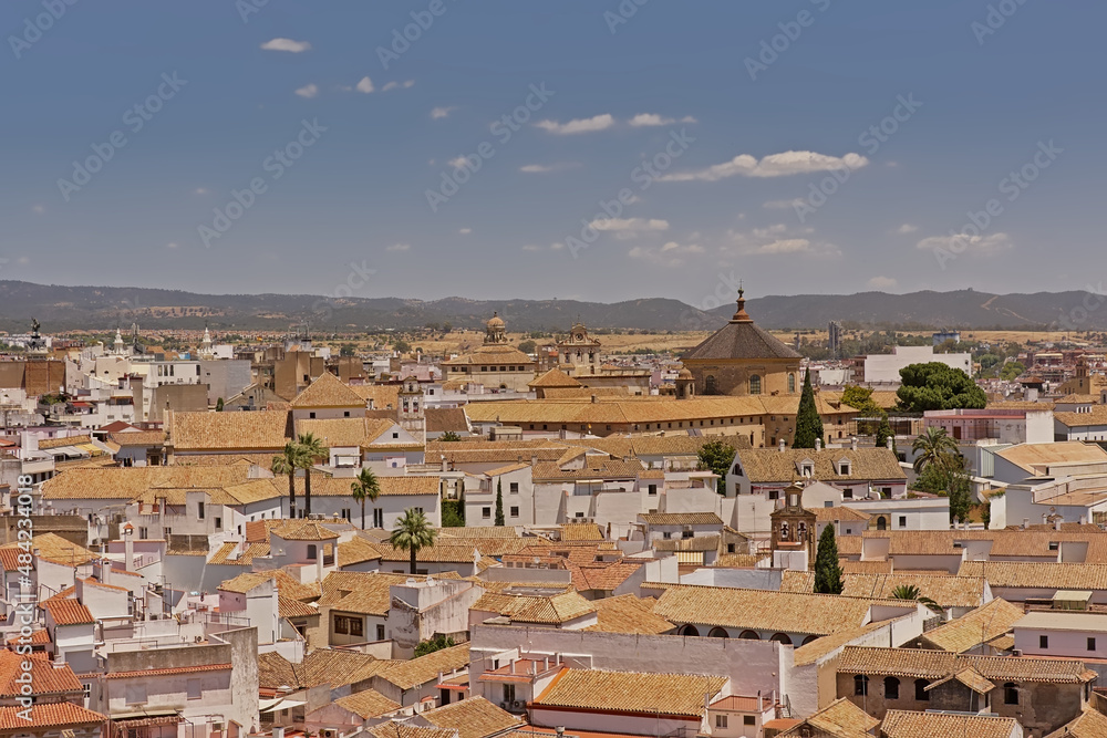  High angle view on the tradititonal houses of Cordoba, Andalusia, Spain, with mountains in the background 