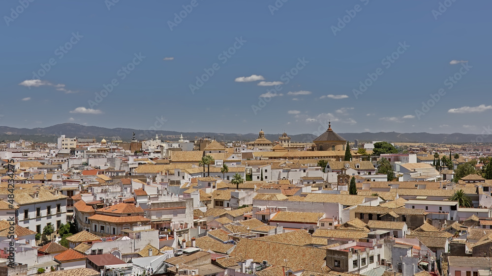  High angle view on the tradititonal houses of Cordoba, Andalusia, Spain, with mountains in the background 