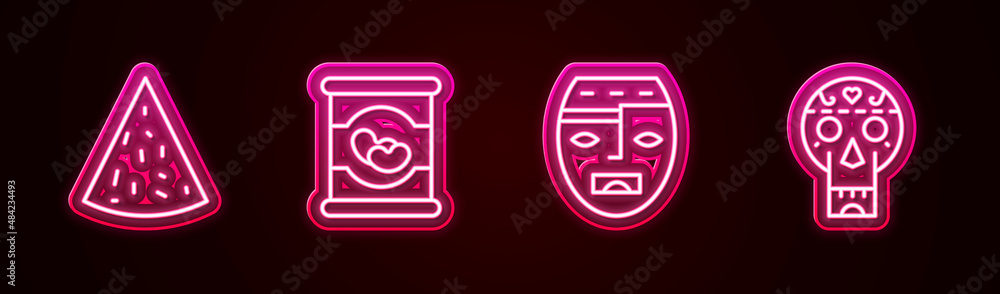 Set line Nachos, Beans in can, Aztec mask and Mexican skull. Glowing neon icon. Vector Set line Nachos, Beans in can, Aztec mask and Mexican skull. Glowing neon icon. Vector