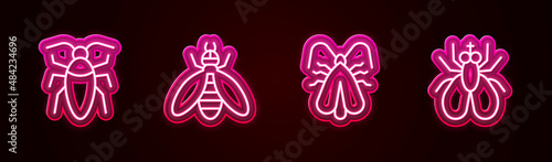 Set line Cockroach, Bee, Clothes moth and Insect fly. Glowing neon icon. Vector