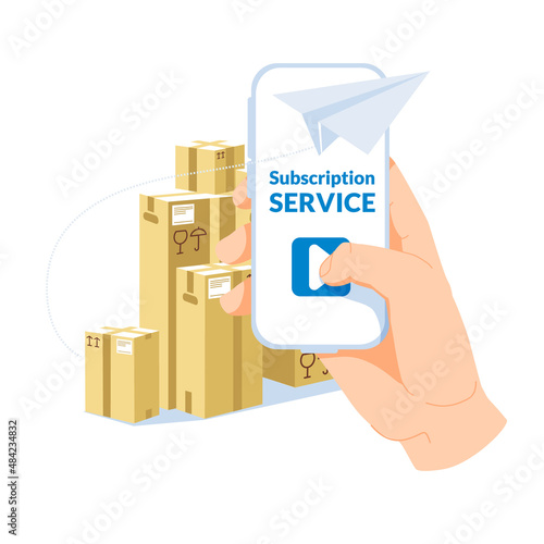 metaphor of subscription and delivery service. A hand with a big smartphone in front of a group of boxes in the background. A paper plane flies around a large smartphone. Flat vector illustration.