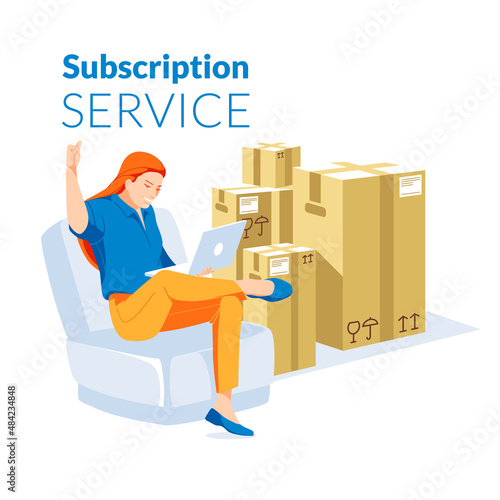 Happy attractive girl is sitting at home with a laptop. A group of large paper boxes in the background. Access to various products is open. Flat vector illustration.
