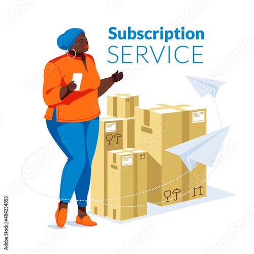  Happy black woman standing with a smartphone in her hand. A group of large paper boxes in the background. Access to various products is open. Flat vector illustration.