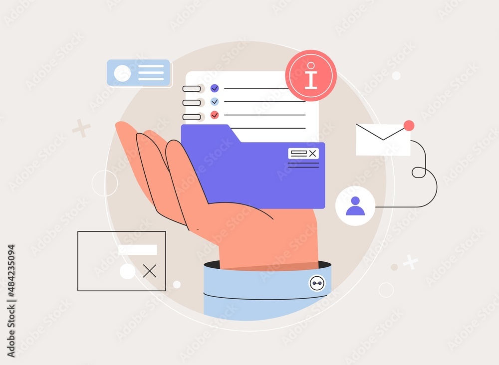 User guide, customer experience concept. Product guides and instructions, website support, how to use, company information. Human hand holds folder with documents, icon information, email, check list. User guide, customer experience concept. Product guides and instructions, website support, how to use, company information. Human hand holds folder with documents, icon information, email, check list.
