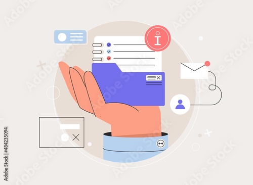 User guide, customer experience concept. Product guides and instructions, website support, how to use, company information. Human hand holds folder with documents, icon information, email, check list.