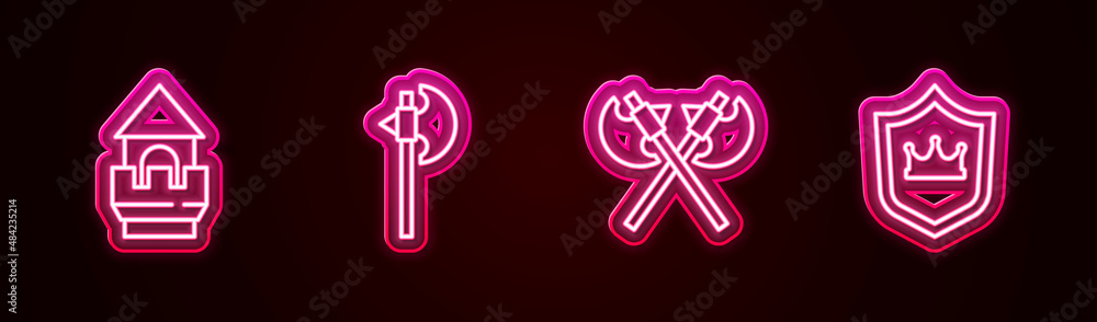 Set line Castle tower, Medieval axe, Crossed medieval axes and Shield with crown. Glowing neon icon. Vector Set line Castle tower, Medieval axe, Crossed medieval axes and Shield with crown. Glowing neon icon. Vector