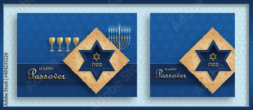 Happy Passover card, the Pessah holiday with nice and creative Jewish symbols and gold paper cut style on color background