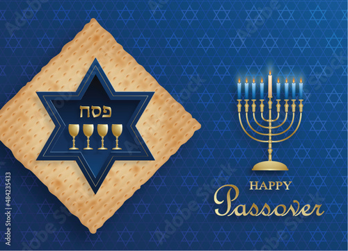 Happy Passover card, the Pessah holiday with nice and creative Jewish symbols and gold paper cut style on color background