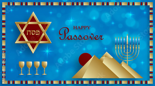 Happy Passover card, the Pessah holiday with nice and creative Jewish symbols and gold paper cut style on color background