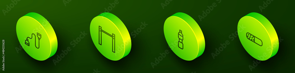 Set Isometric line Chest expander, Horizontal bar, Bottle of water and Vitamin pill icon. Vector Set Isometric line Chest expander, Horizontal bar, Bottle of water and Vitamin pill icon. Vector