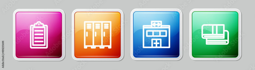 Set line Sport training program, Locker changing room, Gym building and Towel stack. Colorful square button. Vector Set line Sport training program, Locker changing room, Gym building and Towel stack. Colorful square button. Vector