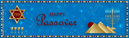 Happy Passover card, the Pessah holiday with nice and creative Jewish symbols and gold paper cut style on color background