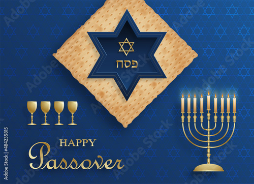 Happy Passover card, the Pessah holiday with nice and creative Jewish symbols and gold paper cut style on color background