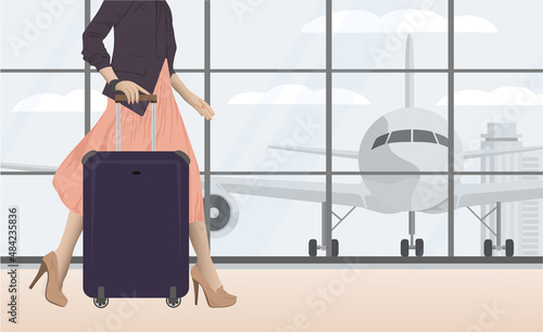 Woman with travel suitcase on airport. Female with a luggage bag. Beautiful and attractive young girl in a dress with suitcases. 