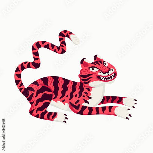 Tiger vector illustration, cartoon pink tiger - the symbol of Chinese new year. Organic flat style vector illustration on white background.