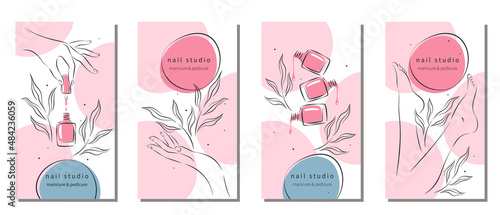 Set of design for nail studio for social media posts and stories, mobile apps. Nail polish, nail brush, manicured female hands and legs. Vector illustrations